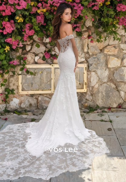 Graceful Off Shoulder Court Train Sheath Sleeveless Lace Appliques Wedding Dress