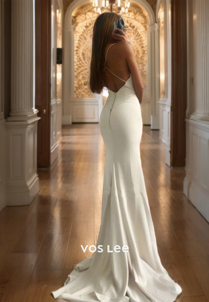 V Neck White Spaghetti Straps Mermaid Prom Dress Backless Elegant Formal Wedding Dress