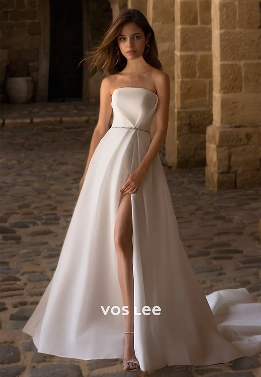 Elegant A-Line Tube Top Side Split Back Zipper Simple Wedding Dress