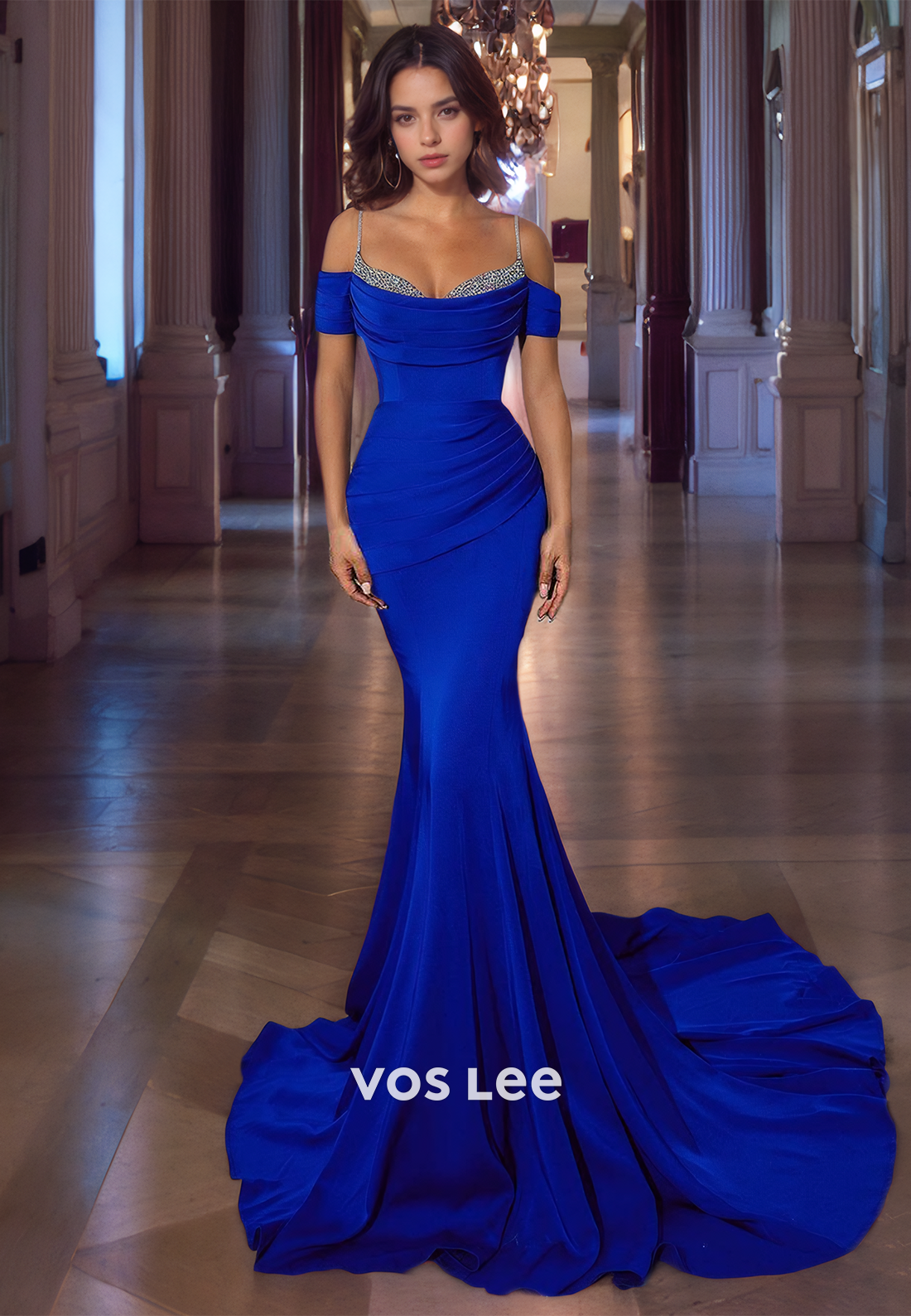 Royal Blue Mermaid Pleated Prom Gown Sweep Train Off Shoulder Satin Party Dress