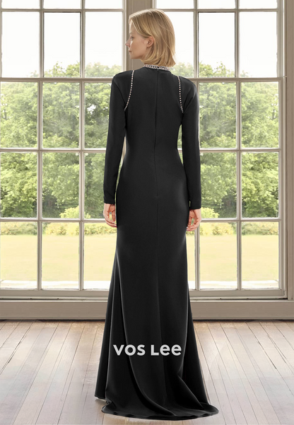 Elegant Sheath High Neck Long Sleeves Sequins Ruched Mother of the Formal Dress