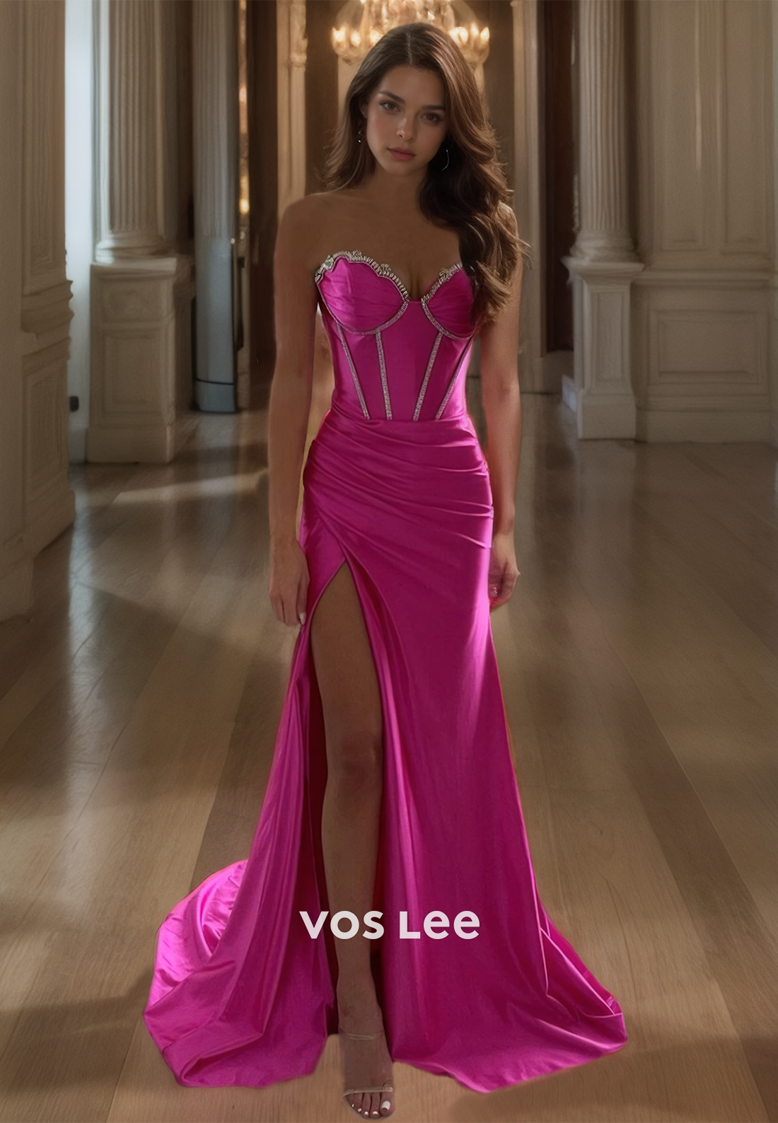 Charming Satin Mermaid Sweetheart Strapless Prom Gown Floor Length Corset Back Quinceanera Dresses with Slit