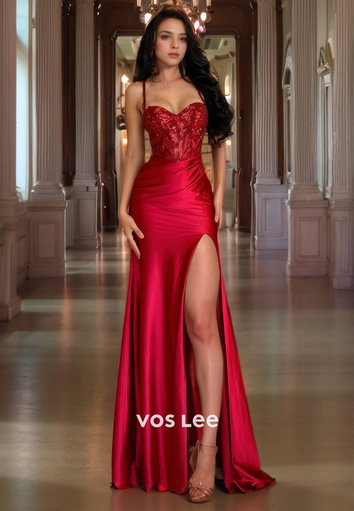 Satin Spaghetti Straps Sweetheart Prom Dresses Evening Party Gowns main image 1