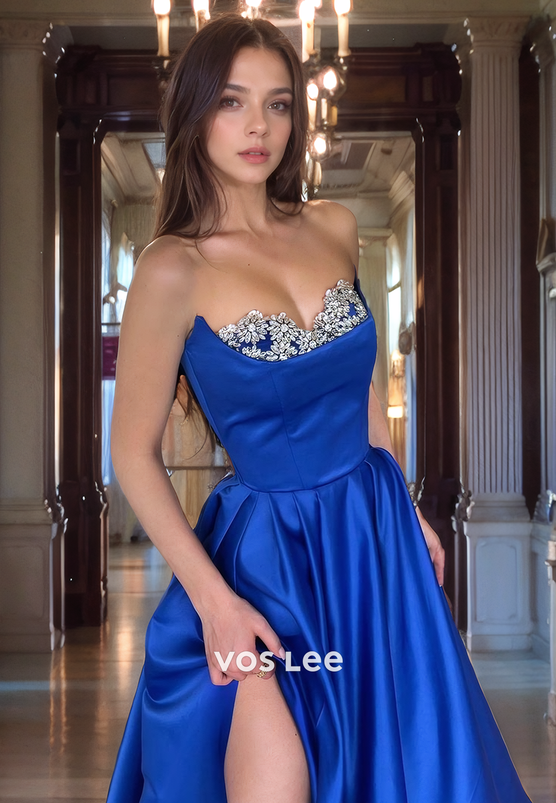 Royal Blue A-Line Satin Party Formal Dress Sweetheart Side Slit Strapless Prom Dress