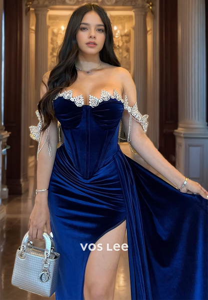 Classy Sweetheart Off-Shoulder Prom Dress with High Split Velour Floor Length Evening Party Gown