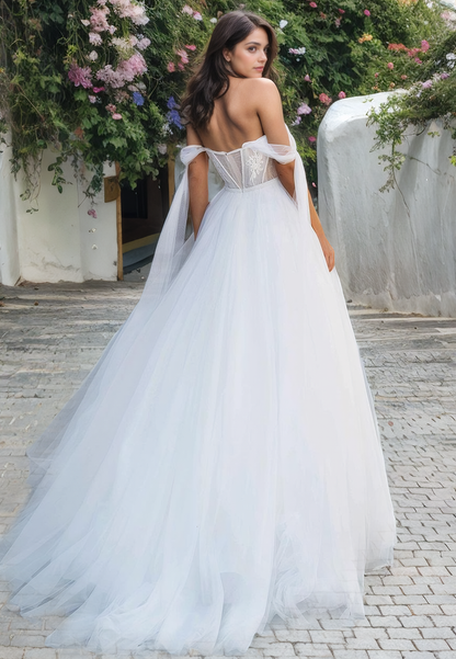 Sweet Heart A-Line Off Shoulder Cathedral Train Lace Tulle Wedding Dress