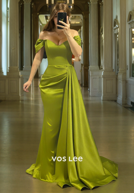 Green Pleated Satin Prom Dress Sheath/Column Off Shoulder Long Formal Evening Dress