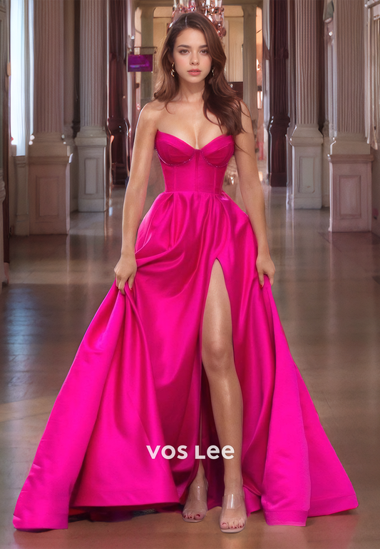 Fuchsia Sweetheart Strapless Prom Gown Satin A-Line Formal Evening Dress with Slit