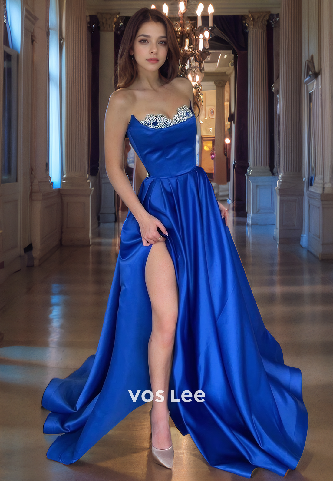 Royal Blue A-Line Satin Party Formal Dress Sweetheart Side Slit Strapless Prom Dress