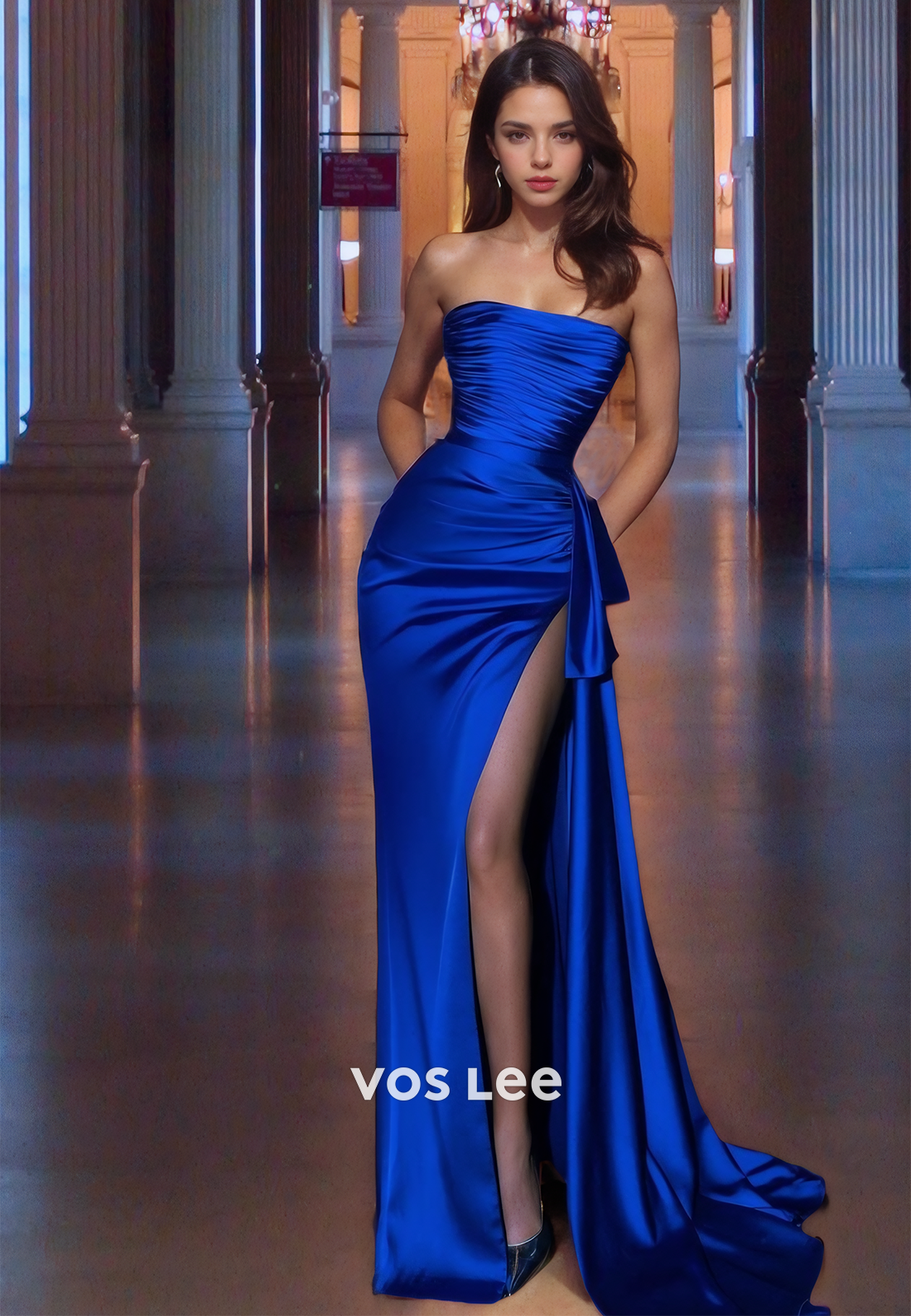 Luxury Satin Sleeveless Royal Blue Prom Dress Strapless Floor Length Evening Party Gown