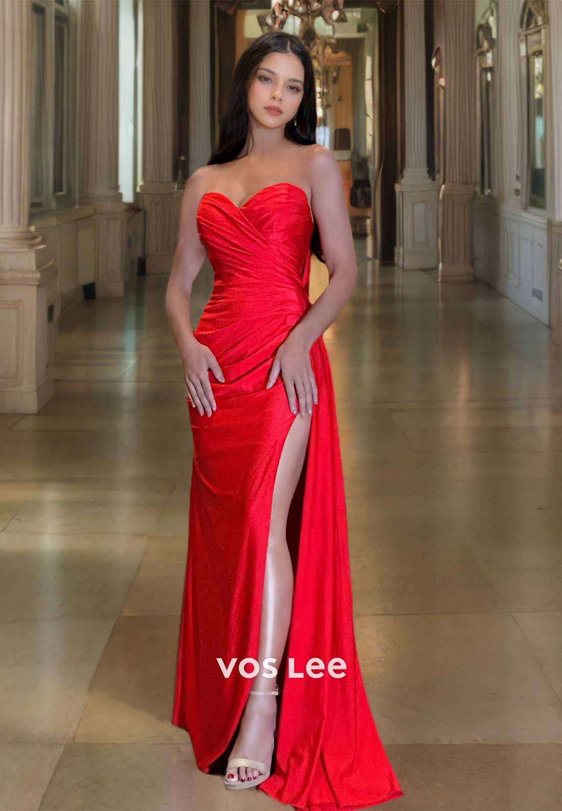 Modest Sleeveless Sweetheart Red Back Zipper Sweep Train Draped Satin Prom Dress with Split