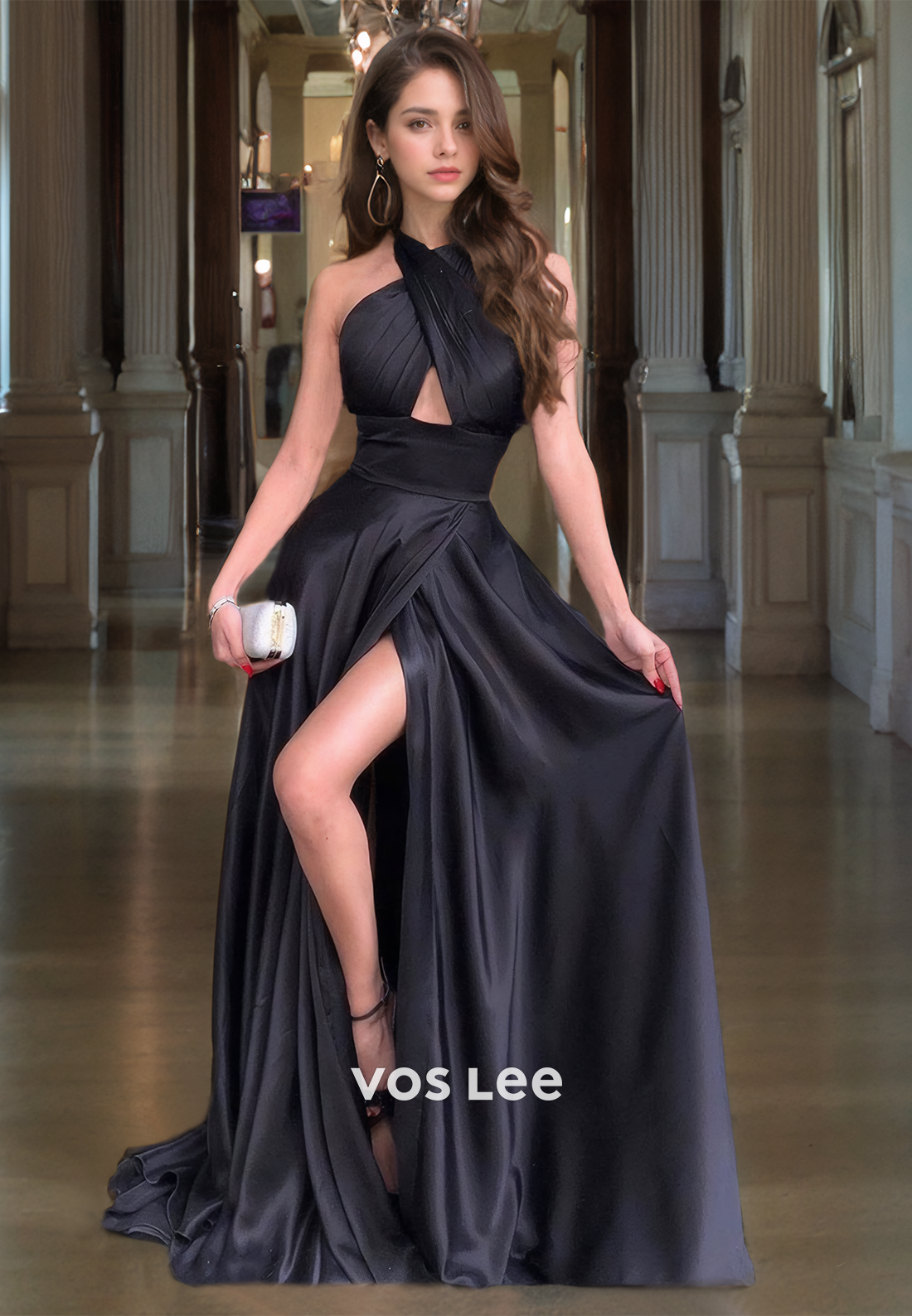 Elegant Halter Satin Prom Dress with Slit Royal Blue Floor Length Pageant Dresses