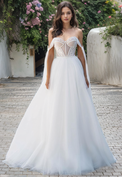 Sweet Heart A-Line Off Shoulder Cathedral Train Lace Tulle Wedding Dress