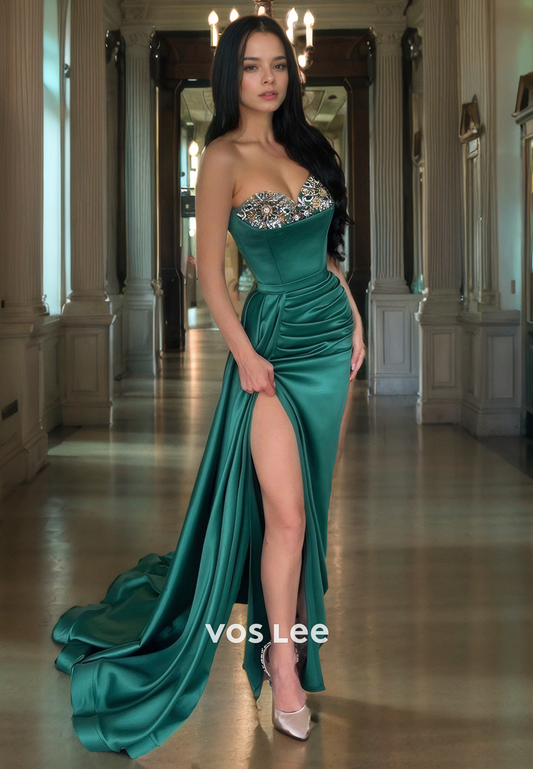 Elegant Sweetheart Peacock Formal Long Dress Sleeveless Satin High Slit Zipper Back Evening Prom Gown