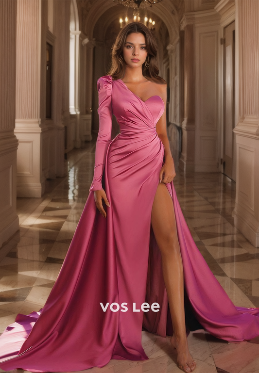 Flamingo Long One Sleeve Satin Prom Dress Pleated A-Line Elegant Pageant Dress with Slit