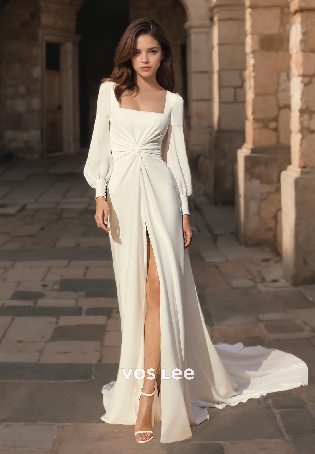 Elegant Pleated Square Wedding Dresses with Long Sleeves Long Train Buttons Formal Wedding Dress