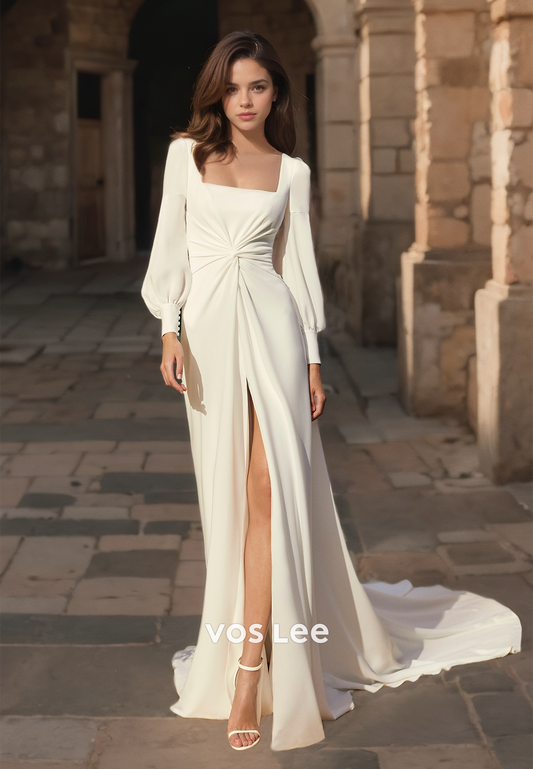 Elegant Pleated Square Wedding Dresses with Long Sleeves Long Train Buttons Formal Wedding Dress