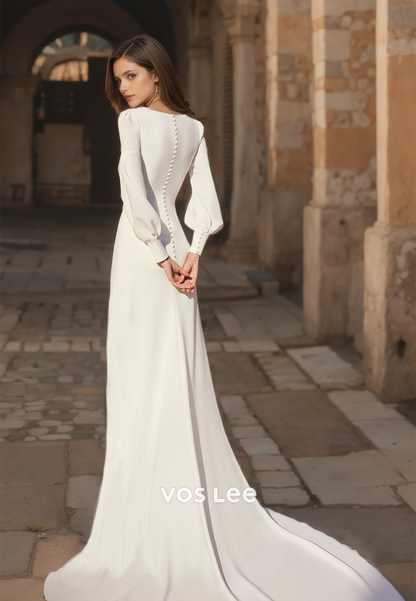 Elegant Pleated Square Wedding Dresses with Long Sleeves Long Train Buttons Formal Wedding Dress