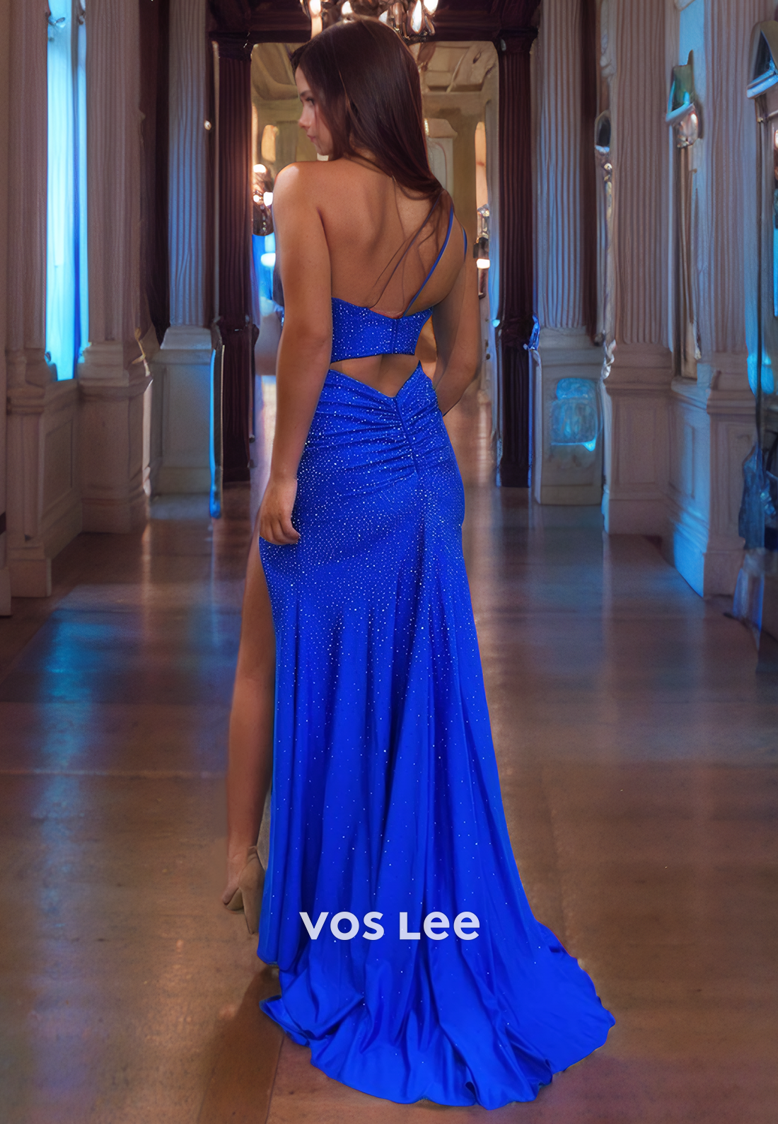 Elegant Beads One Shoulder Pageant Dress Floor Length Royal Blue Prom Dresses