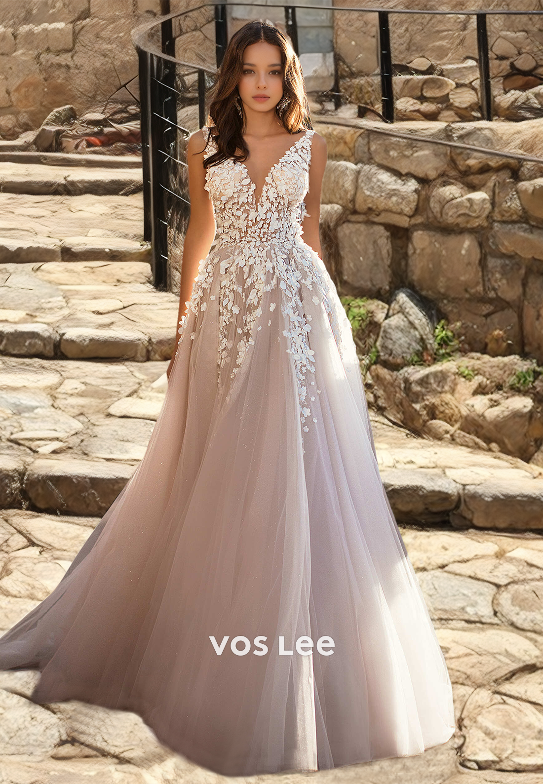 Graceful Plunging Deep V Neck Illusion Lace Appliques Backless Tulle wedding Dress