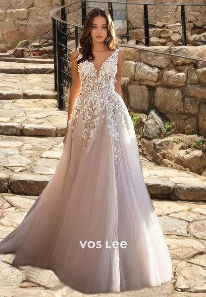 Graceful Plunging Deep V Neck Illusion Lace Appliques Backless Tulle wedding Dress