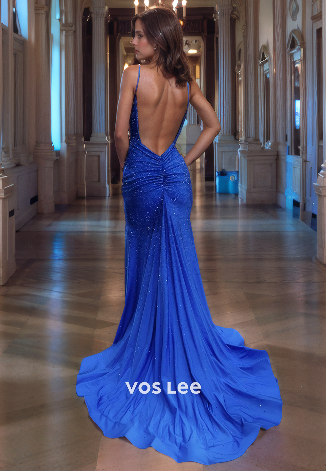 Stunning  Open Back Blue Evening Dress Trumpet/Mermaid V-Neck Shinny Sequin Long Formal Prom Dress