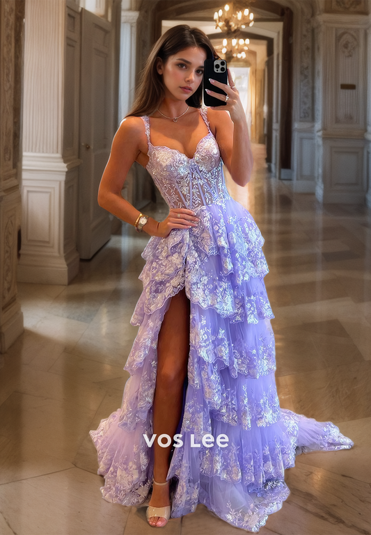 Gorgeous Purple Sweetheart Lace Prom Dress Spaghetti Straps Tiered Quinceanera Gown