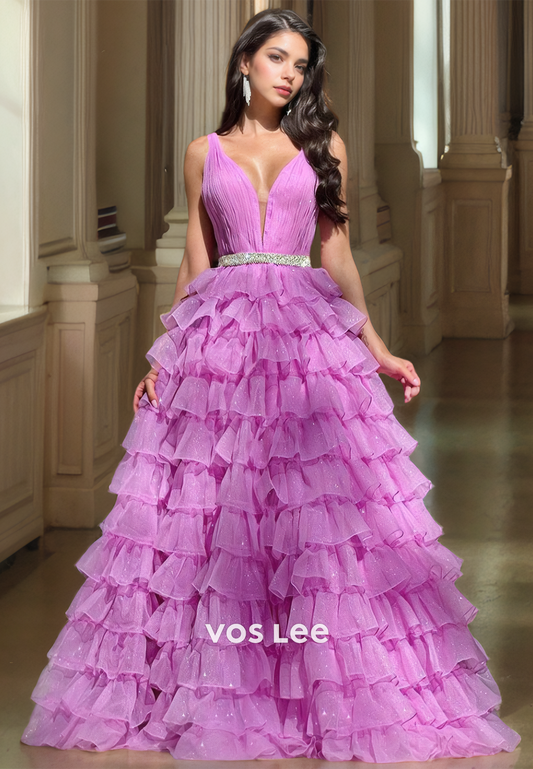 Gorgeous A-Line V Neck Illusion Backless Tiered Tulle Sleeveless Sweep Train Prom Birthday Dress Glitter