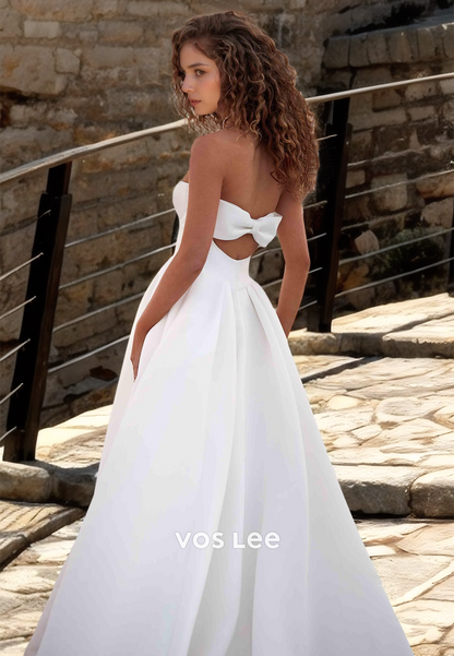 Charming Strapless Backless A-Line Sweep Train Ruched Satin Wedding Bride Dress