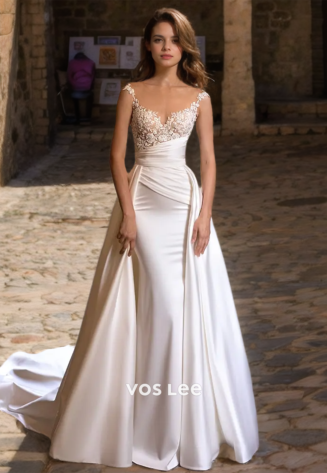 Sheath Plunging Illusion V-Neck Elegant Draped Satin Wedding Dress