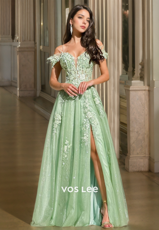 Mint Green Off Shoulder Lace Up Appliques Sequins High Split Floor Length Tulle Prom Formal Dress