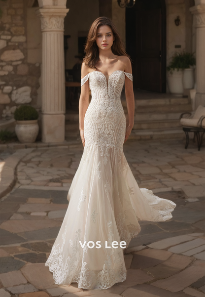 Gorgeous Sweetheart Lace Formal Wedding Dress Off-Shoulder Button Back Mermaid Bride Gown