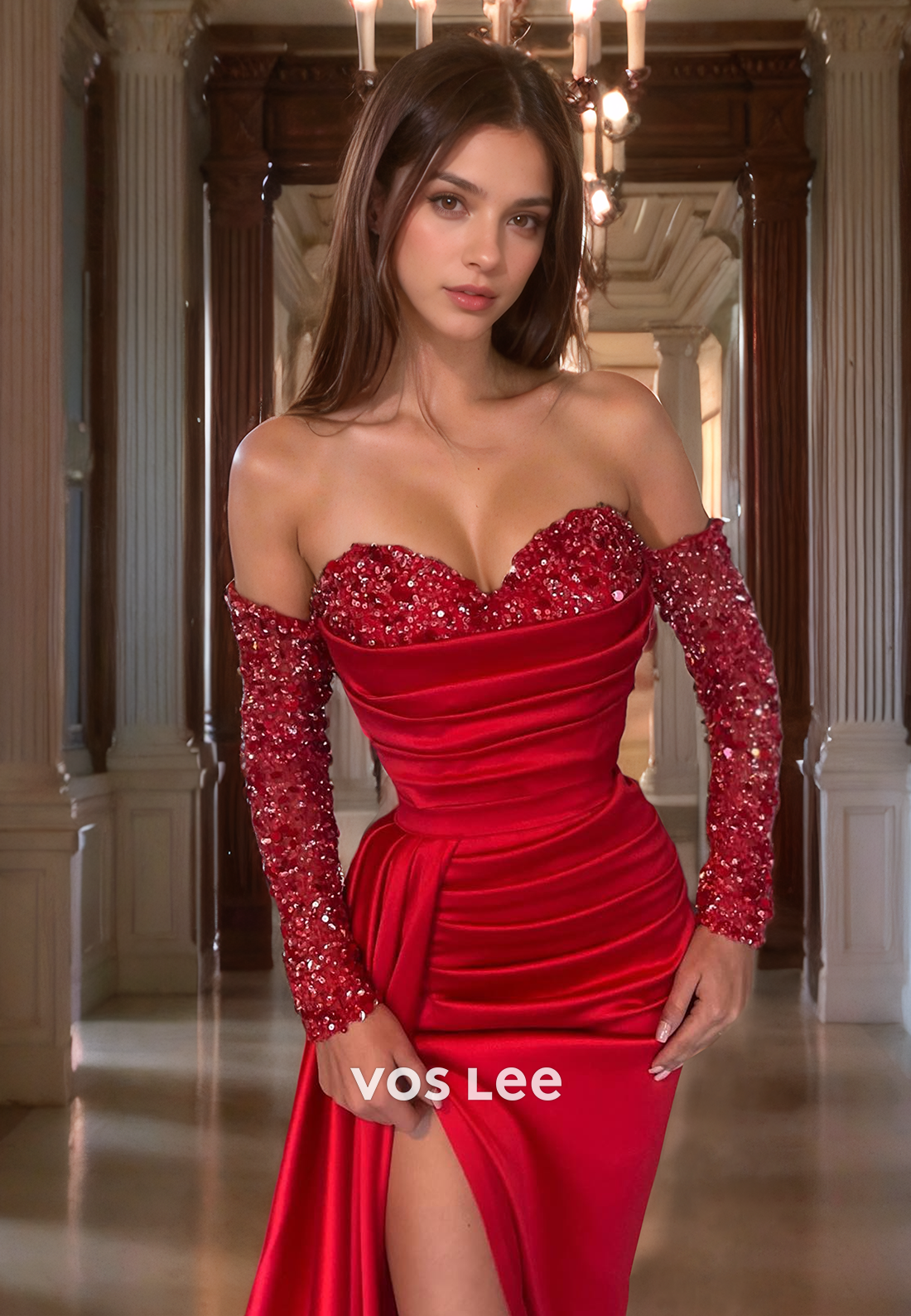 Red Sweetheart Sequined Long Sleeves Prom Dress Satin Floor Length Cocktail Dress