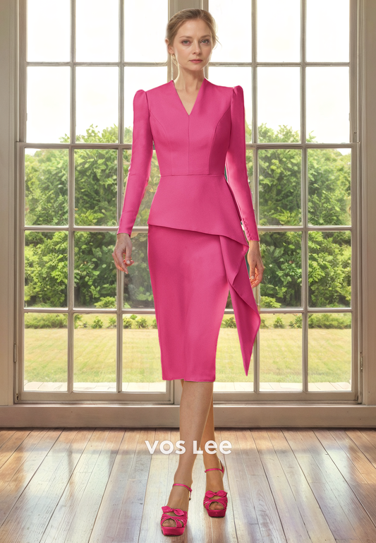 Elegant V Neck Long Sleeves Sheath Knee Length Mother of the Bride Dress