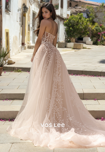 A-Line Sweetheart Strapless Lace Wedding Dresses Tulle Dreamy Bridal Gown