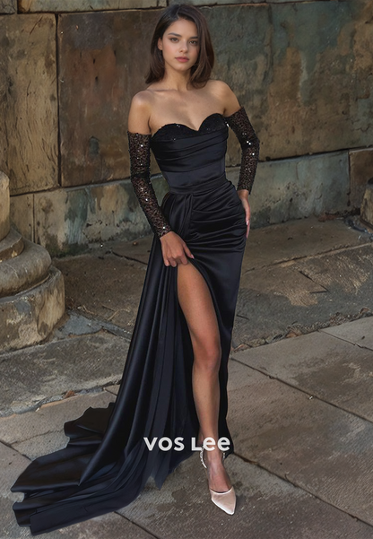 Sweetheart Black Mermaid Formal Evening Prom Dress with Slit Sexy Satin Floor Length Party Dresses