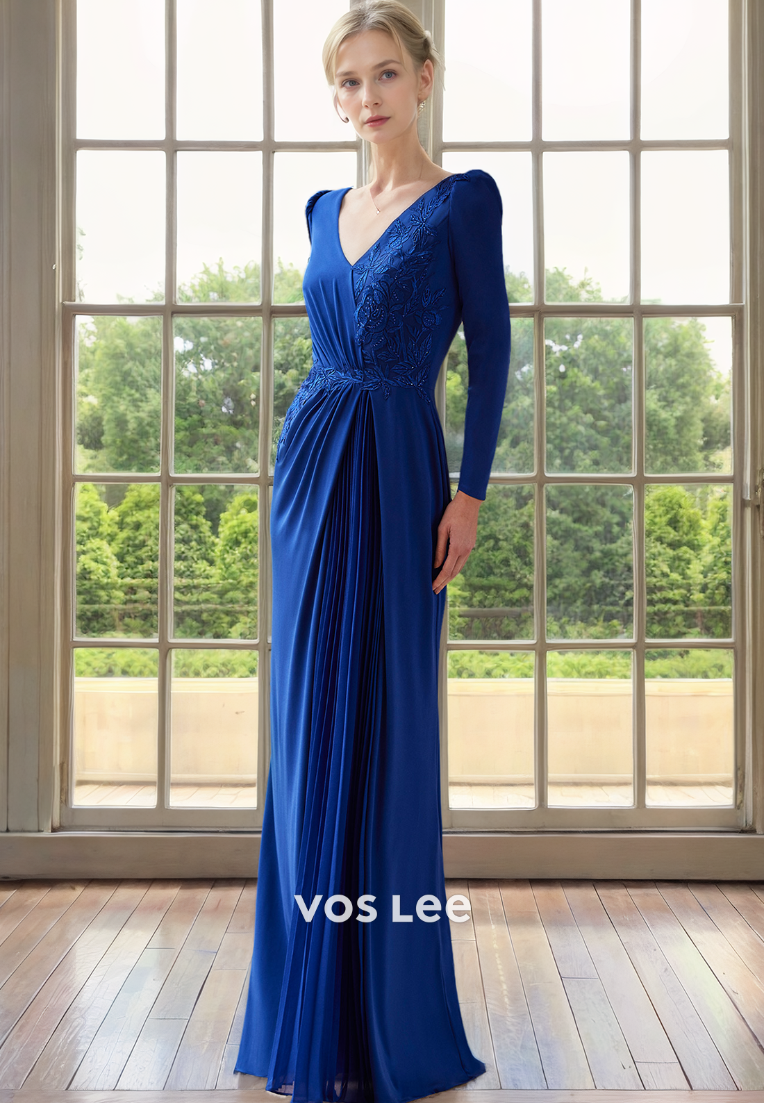 Sheath/Column Pleated V Neck Long Sleeves Formal Mother of the Bride Dress with Appliques