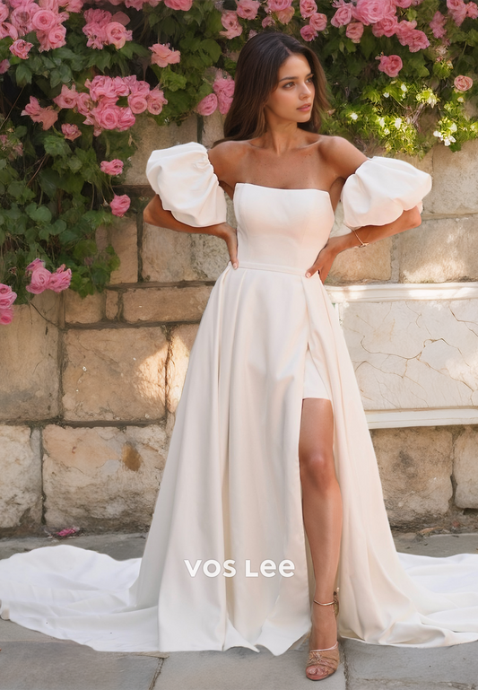 Simple Off-Shoulder Zipper Back Mini Wedding Dress With Detached Train