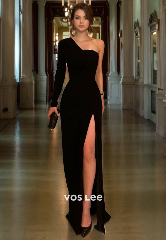 Simple Black One Shoulder Prom Dress High Split Floor Length Elegant Evening Party Dress