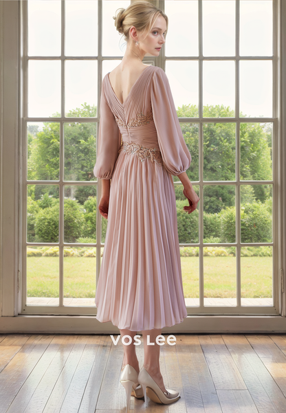 A-Line V-Neck Tea-Length Long Sleeves Ruched Chiffon Mother of the Bride Dress/Cocktail Dress with Appliques