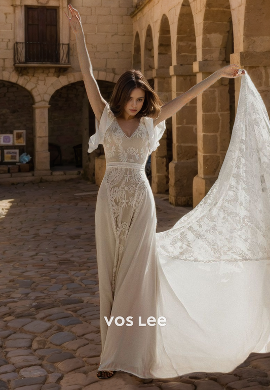 Elegant V Neck Backless Wedding Dress Short Sleeves Lace A-Line Chiffon Engagement Dresses