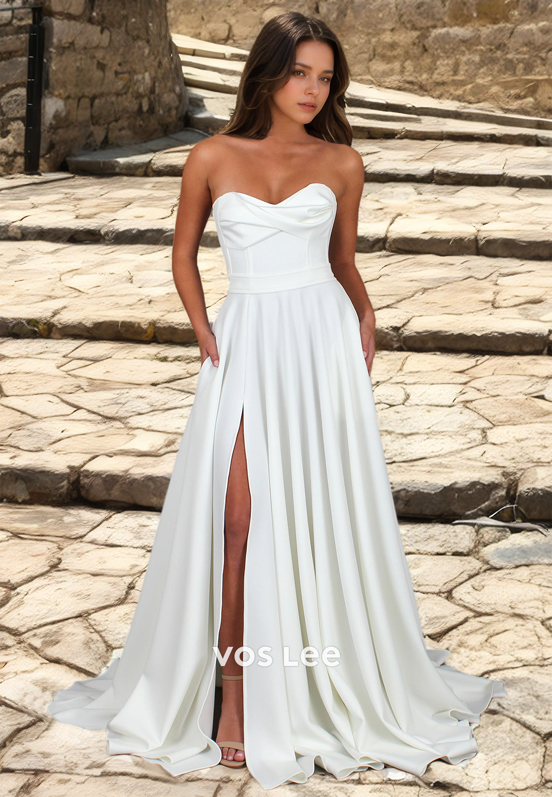 Simple A-Line Sweatheart High Split Ruched Satin Wedding Dress