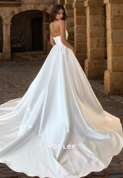 Elegant A-Line Satin Strapless Bride Dress Floor Length Button Back Sweep Train Wedding Dresses