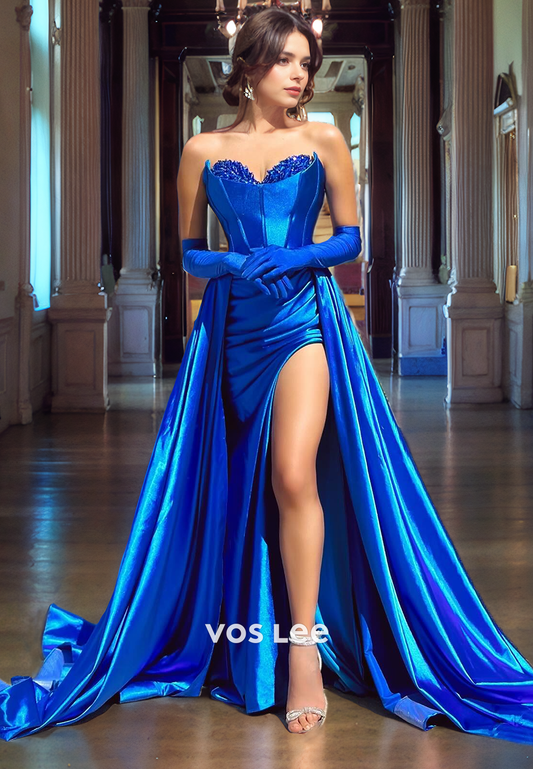 A-Line Royal Blue Satin Cocktail Party Dress Floor Length Sweetheart High Slit Prom Gown