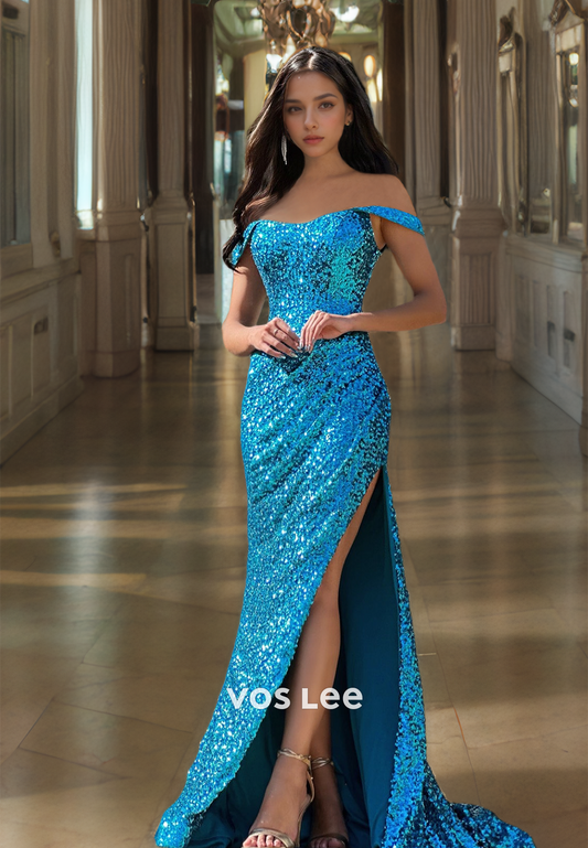 Sparkly Column Off Shoulder Sleeveless High Split Blue Sequins Sweep Train Prom Formal Dress