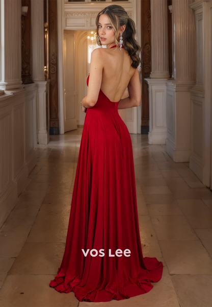 A-Line Halter Red Formal Prom Dress V-Neck Backless Floor Length Party Dress with Slit