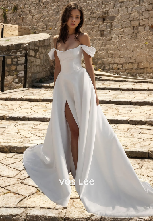 A-Line Scoop Satin Formal Wedding Dress with High Slit Off-Shoulder Floor Length Bridal Princess Gown