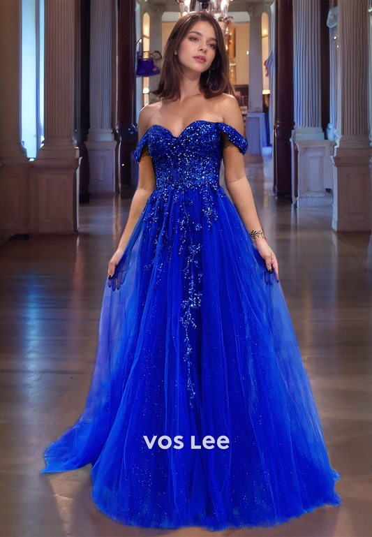 Sparkly Sweetheart Tulle Prom Gown Zipper Back Off Shoulder Royal Blue Party Dress with Slit