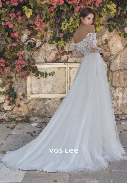 Romantic Off Shoulder Iluusion Seqiun&Lace Top A-Line Long Sleeves Wedding Dress