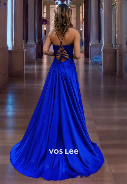 V-Neck Satin Corset Back Formal Dress Appliqued Royal Blue Prom Gown with Spaghetti Straps